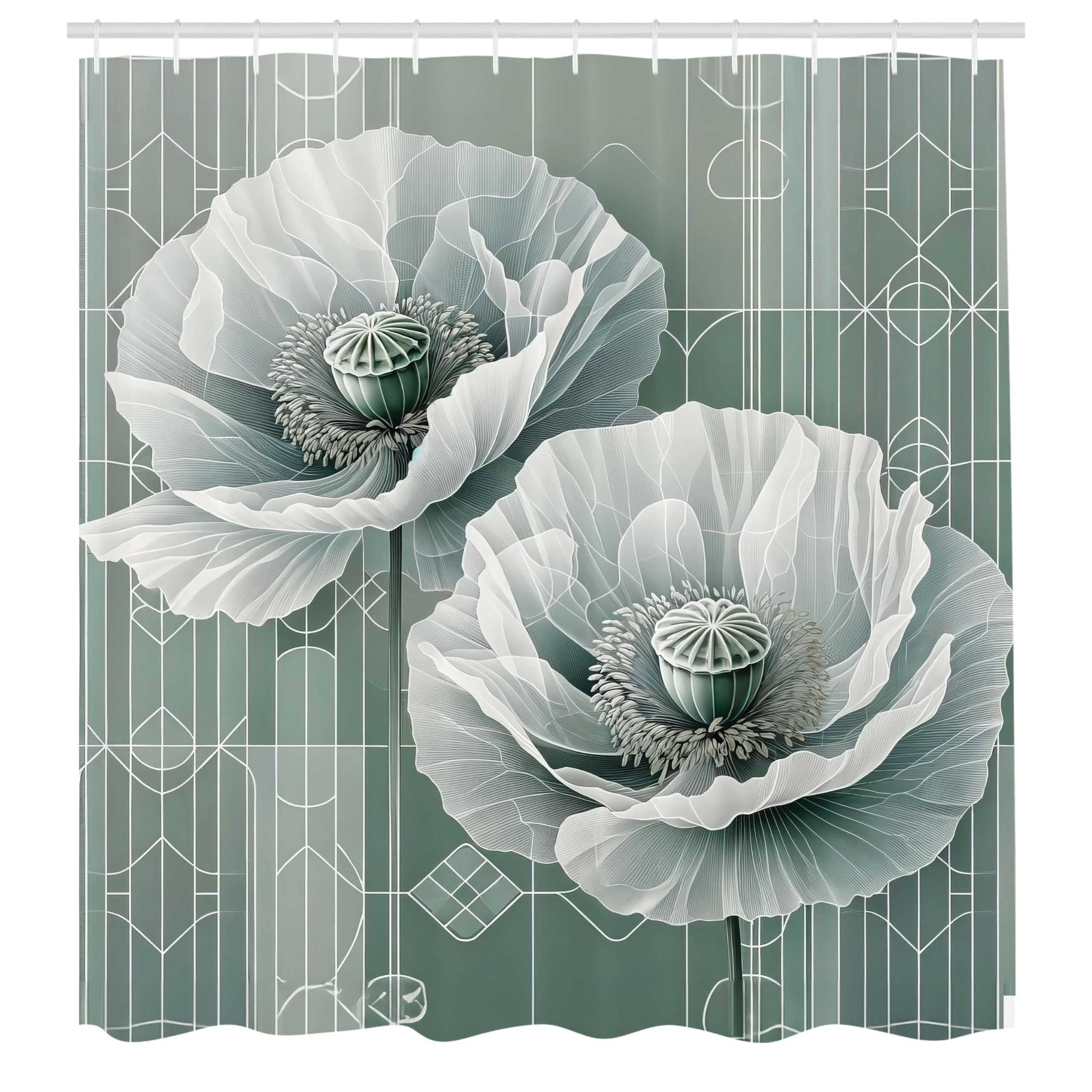 Ambesonne Green Shower Curtain, Futuristic Design Of Poppy Flowers With Dreamy Petals And Scandi Lines, Cloth Fabric Bathroom De